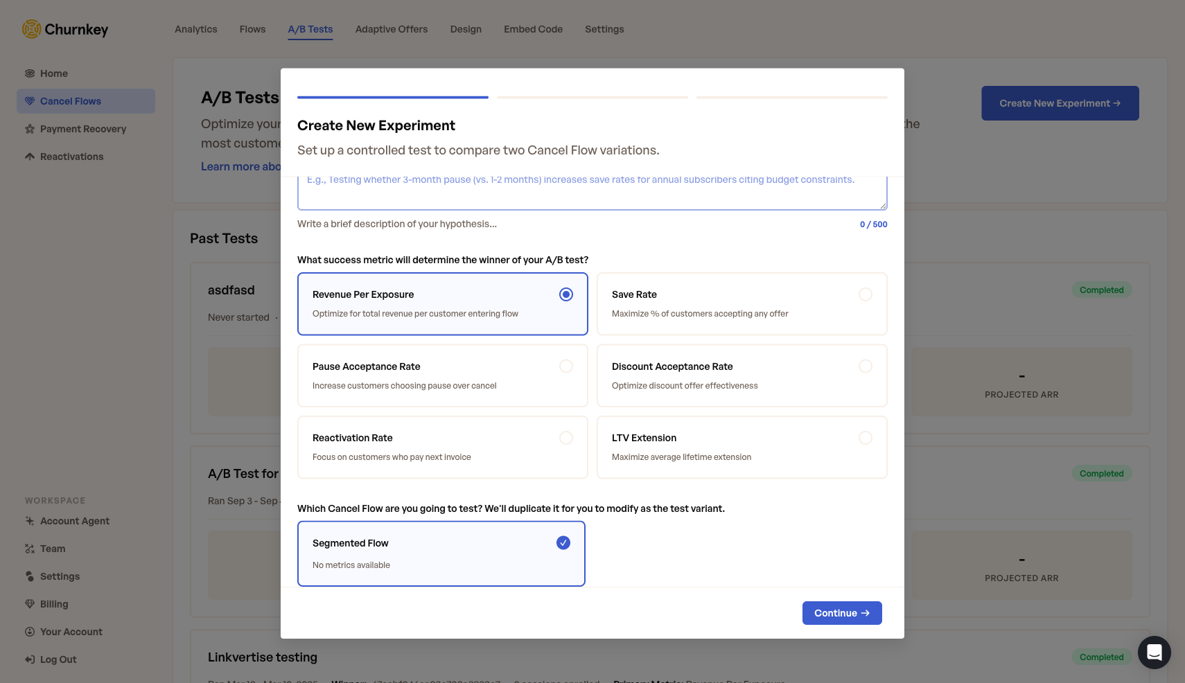 Setting up an A/B test — choose your hypothesis, primary metric, and Cancel Flow