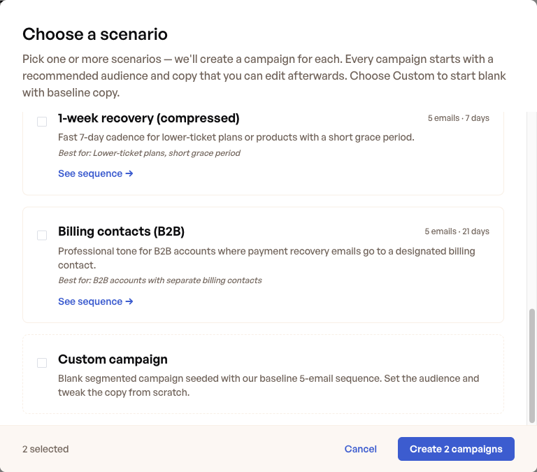 Bottom of the scenario picker showing the 1-week compressed and Billing contacts (B2B) templates.