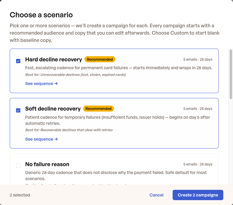 Top of the scenario picker showing the two Recommended templates pre-selected: Hard decline recovery and Soft decline recovery.